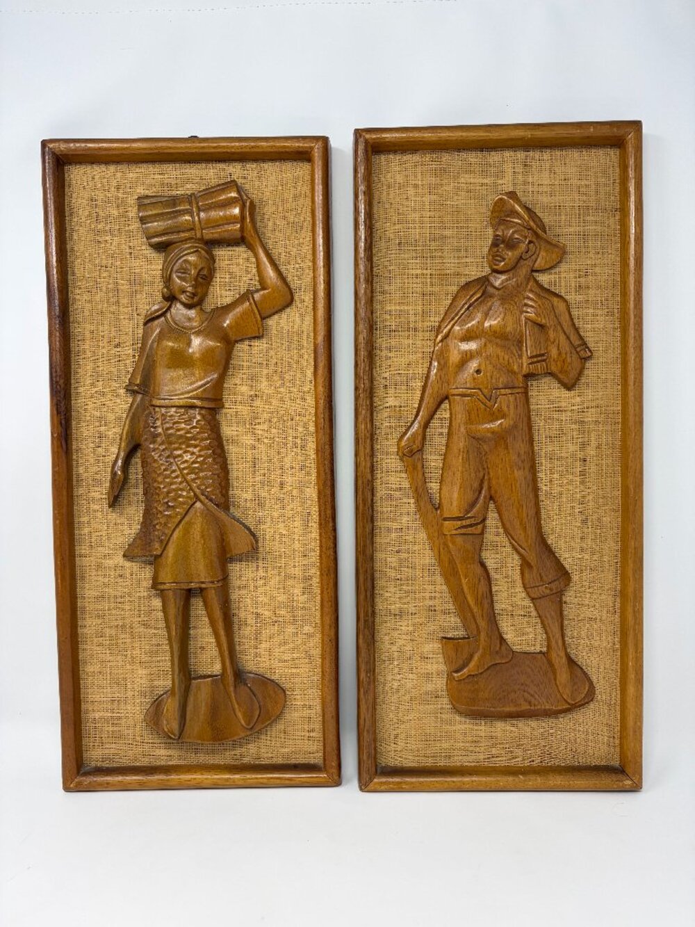 2 Vintage Framed Wall Art Set Carved Teak Wood Man & Woman on Burlap 8" x 18"